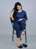 Women Blue Cotton Strip Night Dress  Women Blue Cotton Strip Night Dress