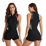 Sleeveless Zip Front  Shorts Swimsuit