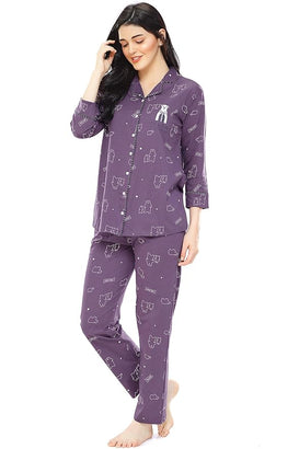 Cotton Heart Printed Night Suit Set Of Shirt & Pajama