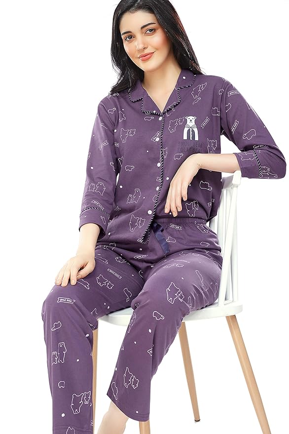 Cotton Heart Printed Night Suit Set Of Shirt & Pajama