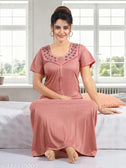 Menarik Embroidered Full Length Hosiery Cotton Nighty for Women