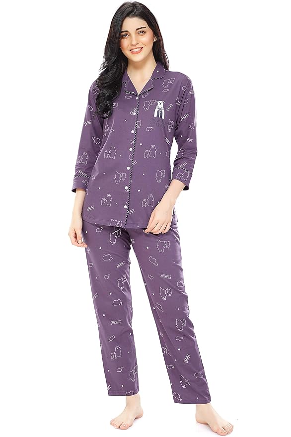 Cotton Heart Printed Night Suit Set Of Shirt & Pajama