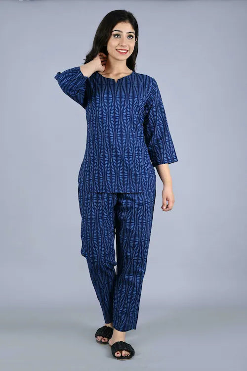 Women Blue Cotton Strip Night Dress